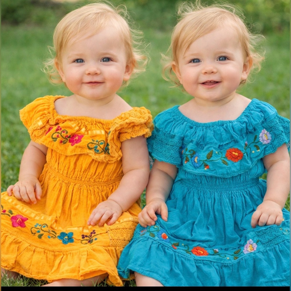 Set of 2 baby girl traditional Mexican embroidered off-the-shoulder dresses